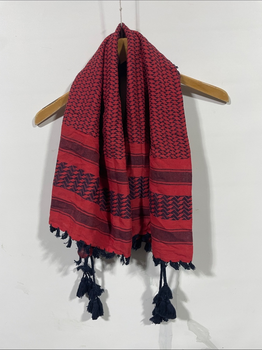 J. Crew Red and Black Geometric Tassel Scarf